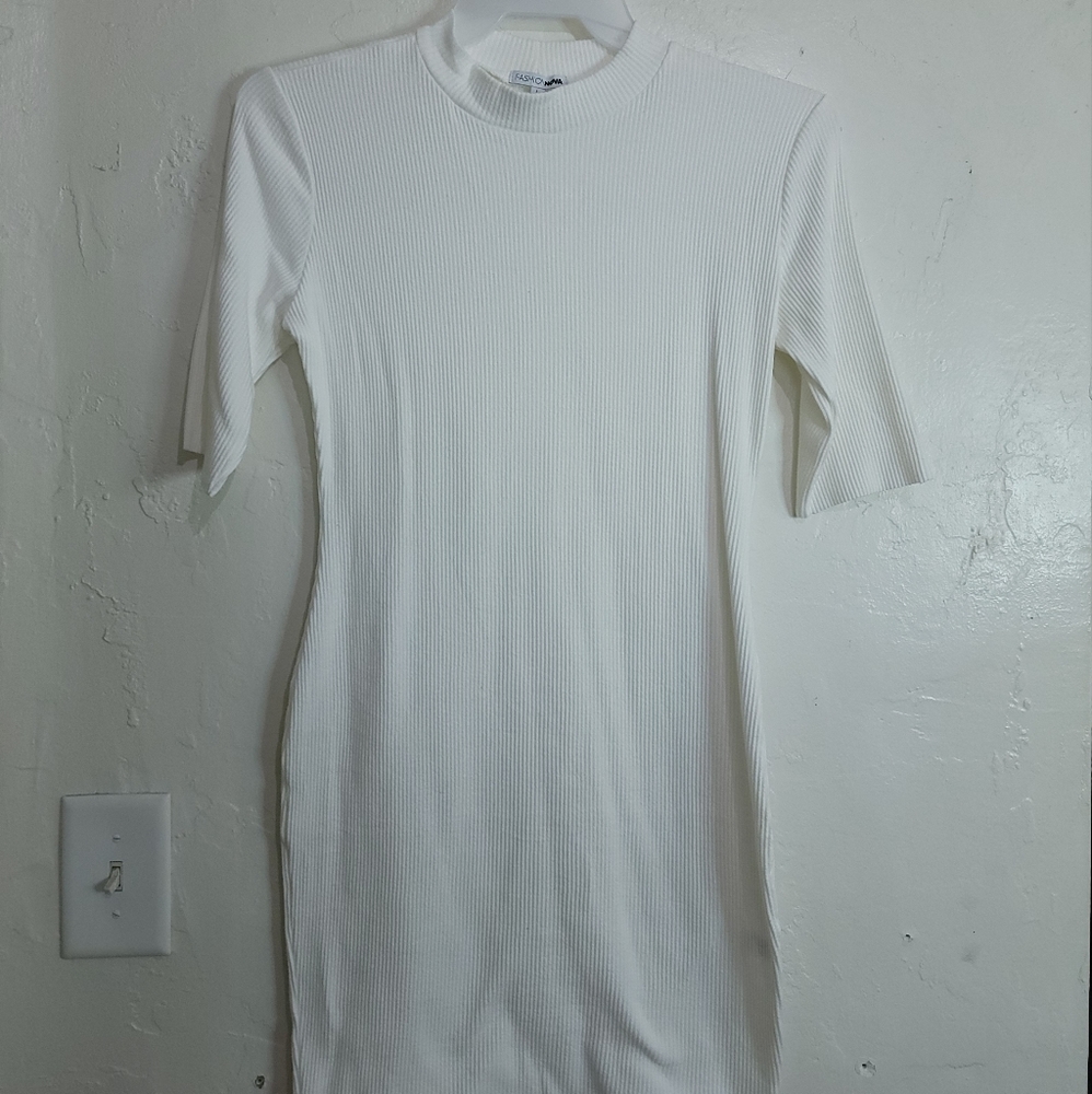 Fashion Nova White Ribbed Half Sleeve Dress